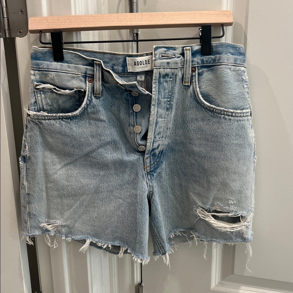 Agolde Light Blue Ripped Denim Shorts